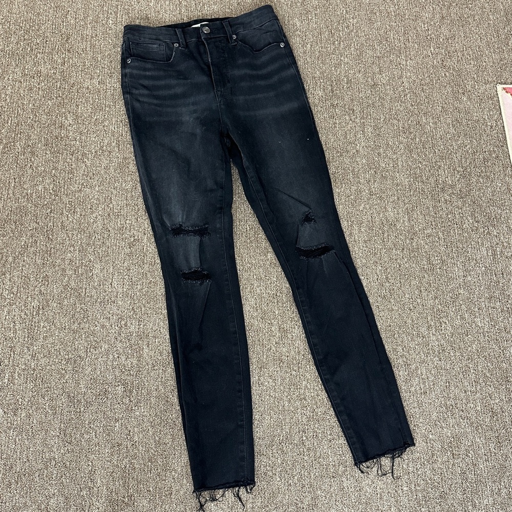 Good American Distressed Black Skinny Jeans Raw Hem High Rise Size 28